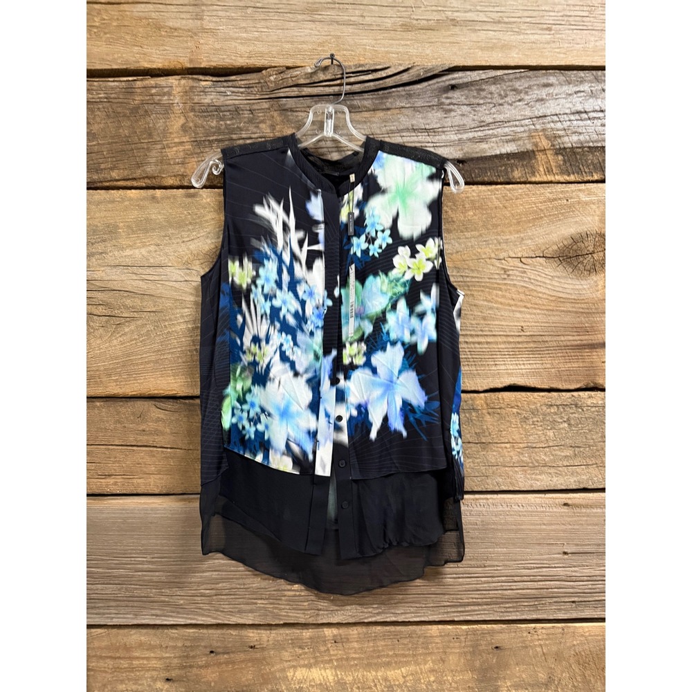 Elie Tahari Eve Blouse Black Floral Sleeveless Layered Top E208H505 Small